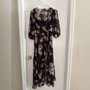Calvin Klein Black Floral Wrap Maxi Dress with Cream and Plum Accents